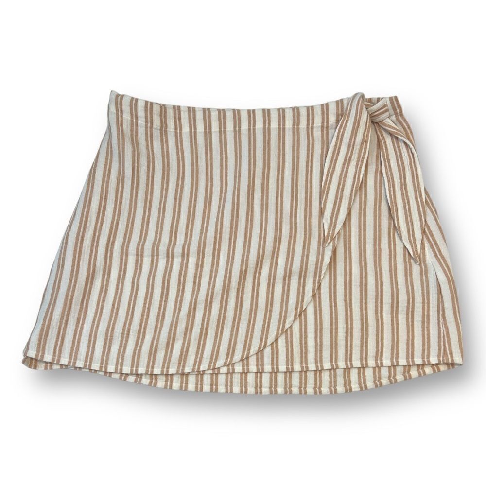 Madewell Cream and Brown Striped Wrap Mini Skirt cotton women’s large USED